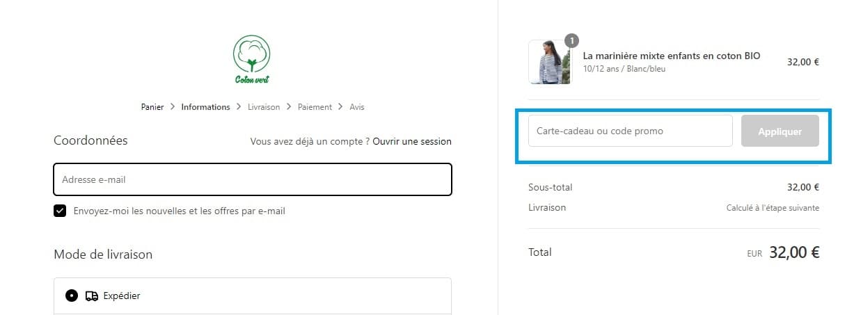 Où mettre un code promo Coton Vert valide ?