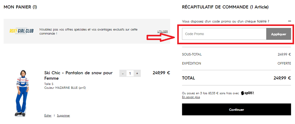Où mettre mon code promo Roxy  ?