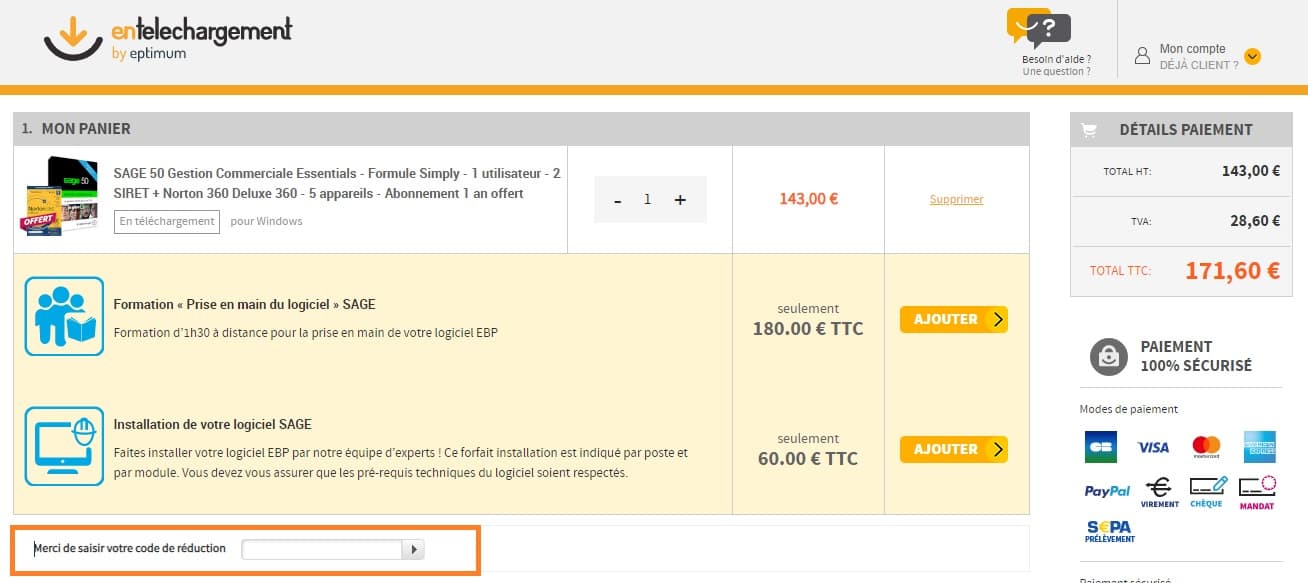 Où mettre un code promo Sage Entelechargement valide ?
