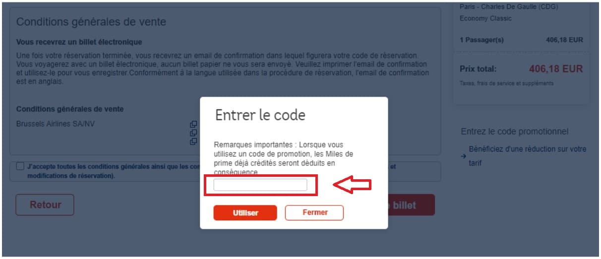 Où mettre mon code promo Brussels Ailines ?