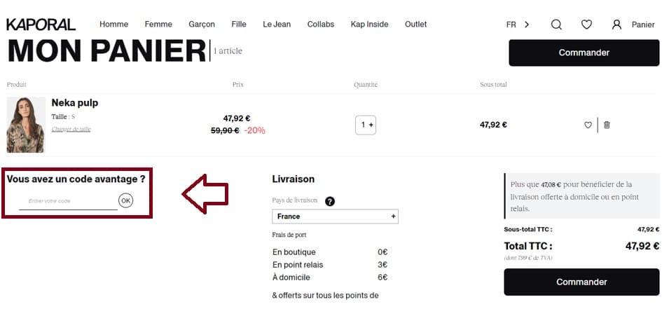 Où mettre mon code promo Kaporal valide ?