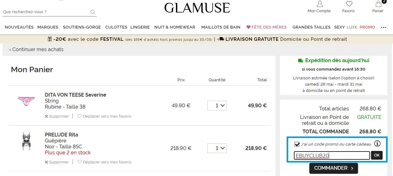 Où ajouter un code promo Glamuse valide ?