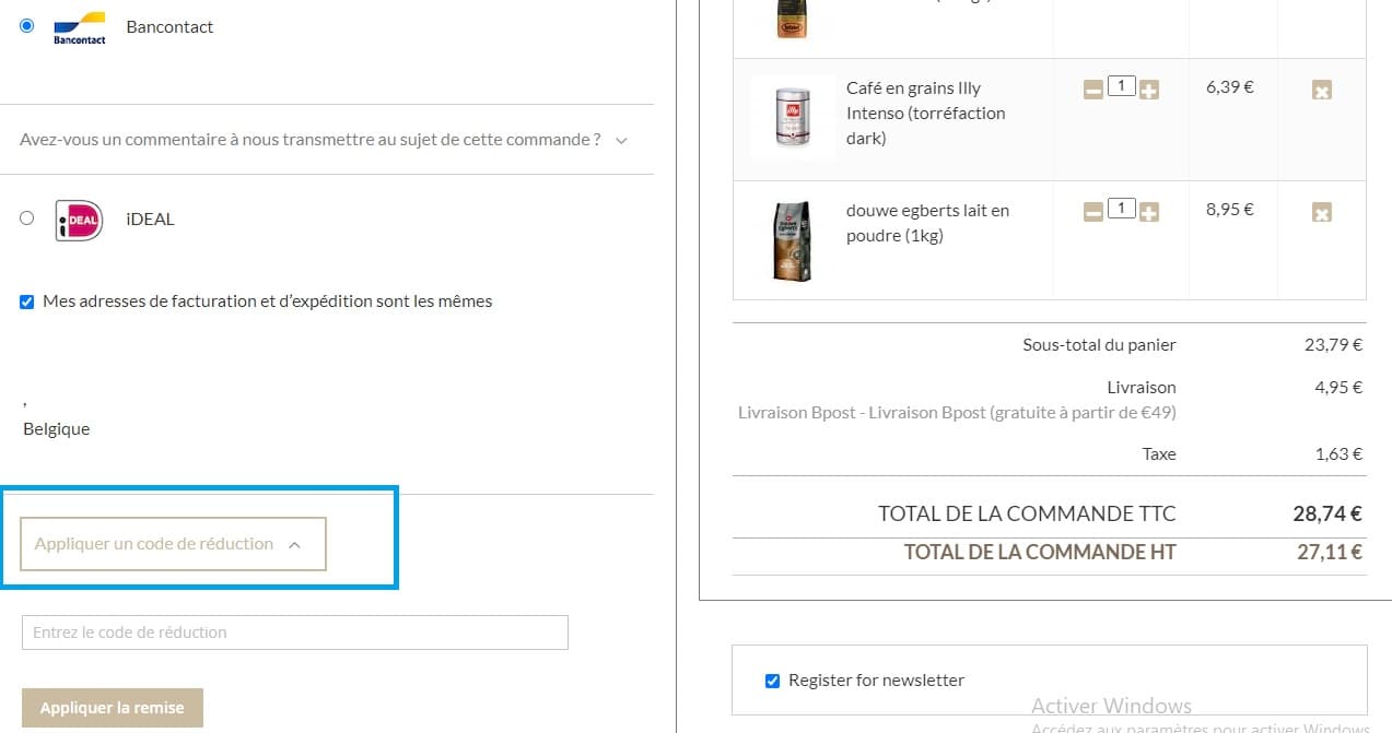 Où ajouter un code promo DeKoffieboon Belgique valide ?