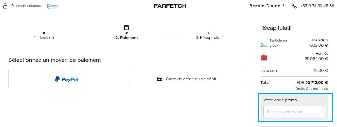 Où ajouter un code promo FARFETCH valide ?
