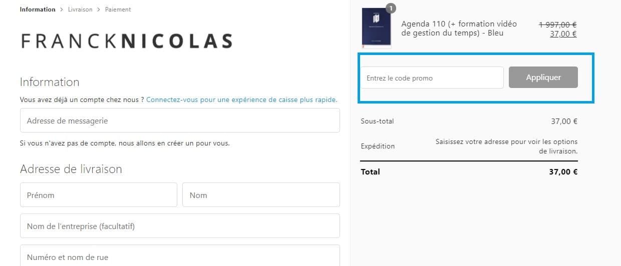 Comment ajouter un code promo FranckNicolas valide ?