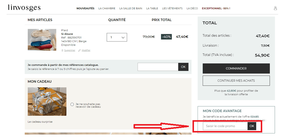 Où mettre mon code promo Linvosges ?