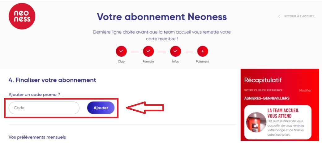 Où mettre mon code promo Neoness ?