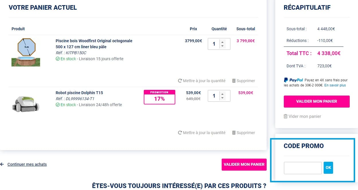 Où mettre un code promo Piscine Center valide ?