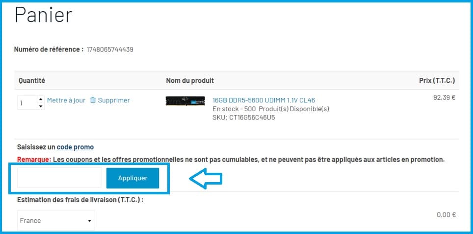Où mettre mon code promo Crucial valide ?