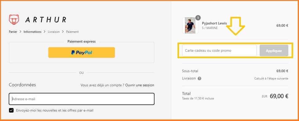 Où mettre mon code promo Arthur valide ?