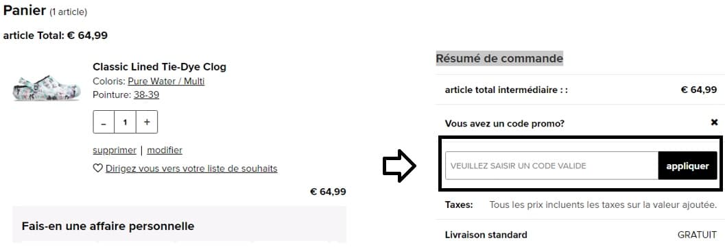 Où mettre mon code promo Crocs valide ?