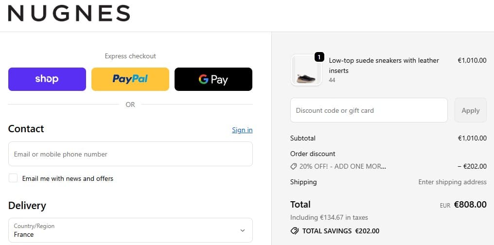 Code promotionnel Nugnes 1920