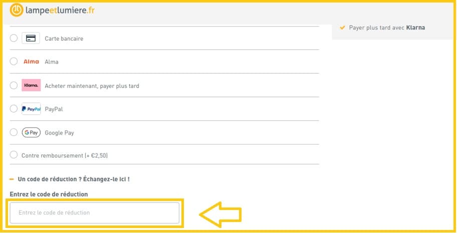 Où mettre mon code promo Lampe et Lumiere valide ?