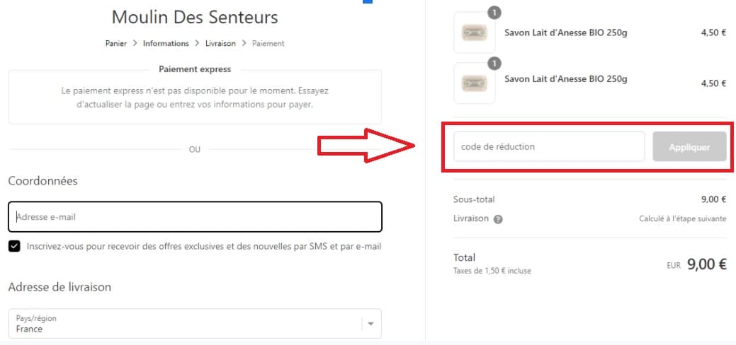 Où mettre mon code promo Moulin Des Senteurs ?