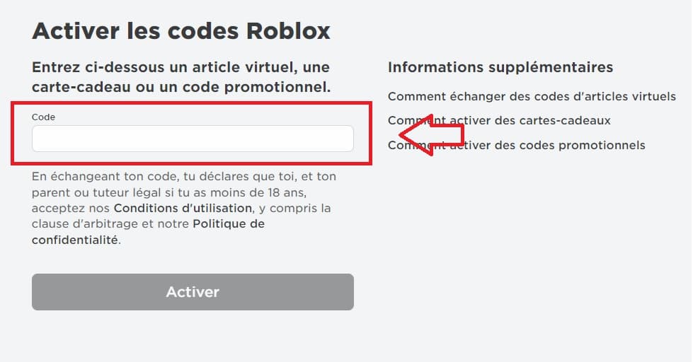 Où mettre mon code promo Roblox ?