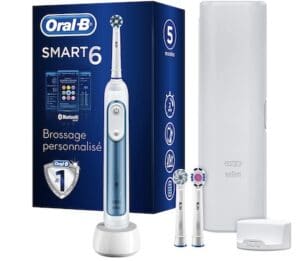Oral-B Pro 6000 Brosse À Dents Électrique Rechargeable Avec 1 Manche Connecté Bluetooth, Bleu, 3 Brossettes Et 1 Étui De Voyage Offert