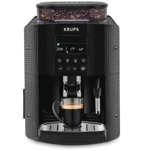 Krups Machine à café grain, 2 expressos simultanés, Ecran LCD, Cafetière espresso compacte, Nettoyage automatique, Buse vapeur pour Cappuccino, Essential noire YY8135FD