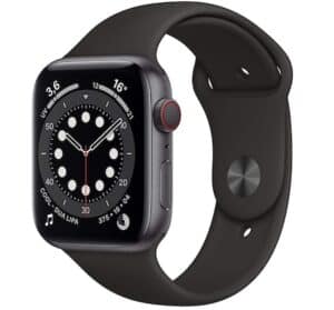 Apple Watch Series 6 (GPS + Cellular, 44 mm) Boîtier en Aluminium Gris sidéral, Bracelet Sport Noir