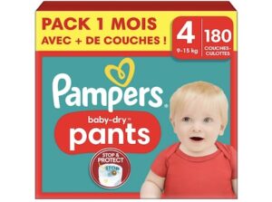 Pampers Couches-Culottes Baby-Dry, Taille 4, 180 Couches, 9kg - 15kg, Avec Une Poche Stop & Protect Pour Éviter Les Fuites À L’Arrière