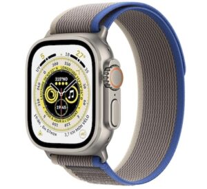Apple Watch Ultra (GPS + Cellular, 49mm) Montre connectée - Boîtier en Titane avec Boucle Trail Bleu/Gris - S/M. Suivi de l’activité Physique, GPS Haute précision,autonomie Extra-Longue durée